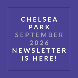 A purple newsletter cover for Chelsea Park for September 2026.