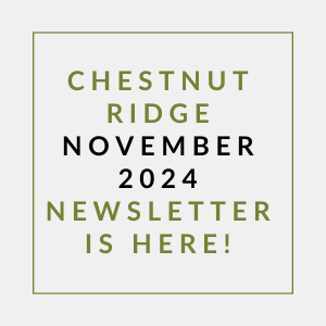 a white rectangle with green writing on it and the words chestnut ridge october