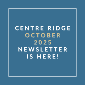 A blue square with text announcing the Centre Ridge October 2025 newsletter.