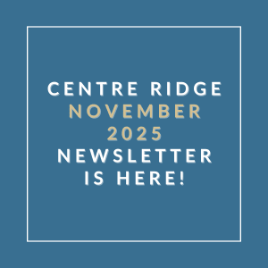 A blue square with white text announcing the Centre Ridge November 2025 Newsletter.