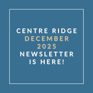 A blue square with white text announcing the Centre Ridge December 2025 Newsletter.