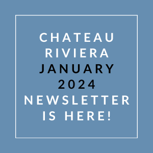 the white font on a blue background says chateau riverside january 24