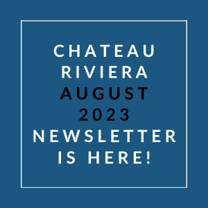 a blue background with a white border and the words chateau riviera august