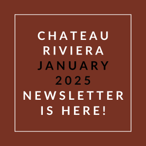 A brown square with white text announcing the Chateau Riviera January 2025 newsletter.