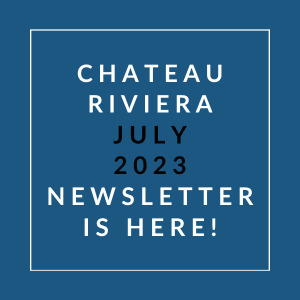 a blue background with a white border and the words chateau riviera july