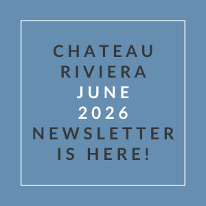 A blue square with white text announcing the Chateau Riviera June 2026 newsletter.