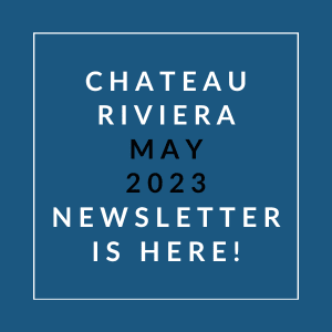 a blue background with a white border and the words chateau riviera may 23