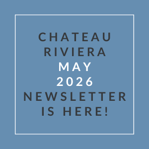 A blue square with white text announcing the Chateau Riviera May 2026 newsletter.
