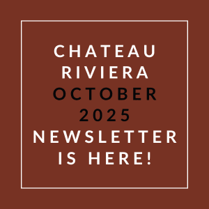 A brown square with white text announcing the Chateau Riviera October 2025 newsletter.