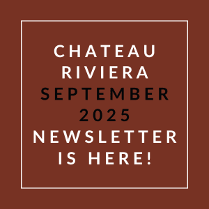 A brown square with white text announcing the Chateau Riviera September 2025 newsletter.