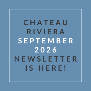 A blue square with white text announcing the Chateau Riviera September 2026 newsletter.