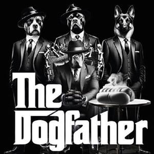 Three men in suits with dog heads are standing in front of a sign that says "The Dogfather".