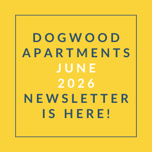 A yellow square with text announcing the Dogwood Apartments June 2026 newsletter.