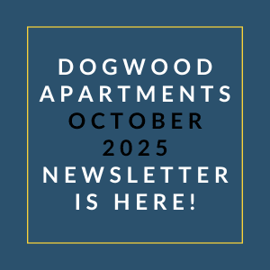 The image announces the availability of the Dogwood Apartments October 2025 newsletter.
