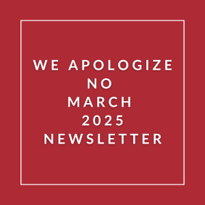 A red square with white text apologizing for a newsletter.