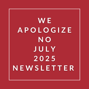 A red square with white text apologizing for a newsletter.