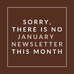 A brown square with white text apologizing for the lack of a January newsletter.