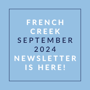 a blue background with the words french creek september 2024 newsletter is here