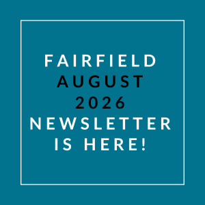 A blue square with white text announcing the Fairfield August 2026 newsletter.