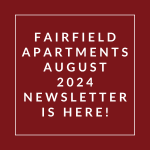 the white words apartments august 2024 newspaper is here on a red background