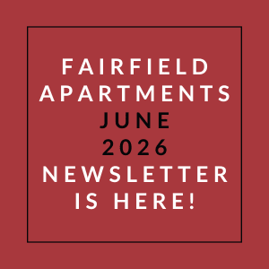 A red square with white text announcing the Fairfield Apartments June 2026 newsletter.
