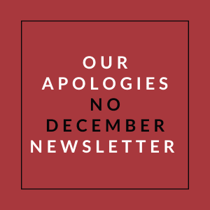 A red square with white text apologizing for a newsletter.