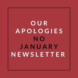A red square with white text apologizing for no January newsletter.