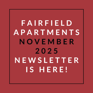 The image announces the availability of the Fairfield Apartments November 2025 newsletter.