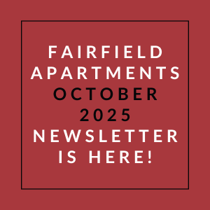 The image announces the availability of the Fairfield Apartments October 2025 newsletter.
