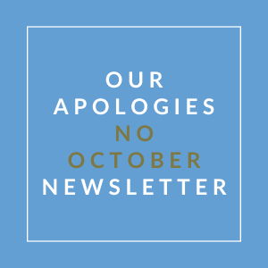 A blue square with the text "Our Apologies No October Newsletter" written in white.