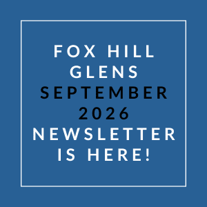 A blue square with white text announcing the Fox Hill Glens September 2026 newsletter.