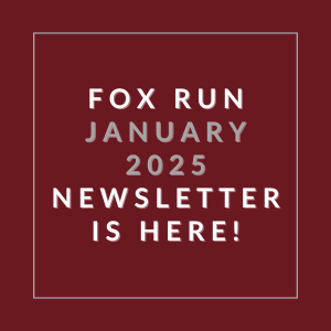 A red square with white text announcing the Fox Run January 2025 newsletter.