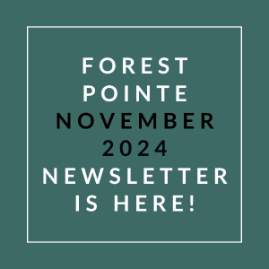 a green background with the words forest point november 2024 newsletter is here