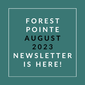 a green background with a white outline of a tree and the words forest pointe august