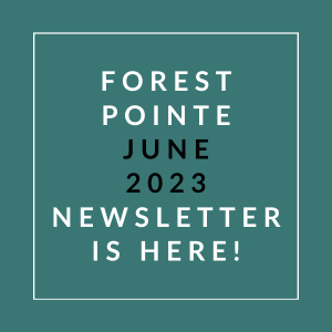 a green background with a white outline of a tree and the words forest pointe june