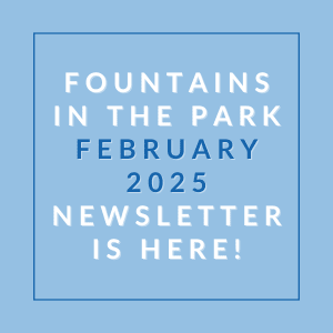A blue square with white text announcing the availability of a newsletter for February 2025.