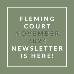 a green background with the words fleming court november 2024 newsletter is here