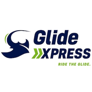 A logo for Glide Xpress with a tagline that reads "Ride the glide.".