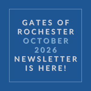 A blue square with white text announcing the Gates of Rochester October 2026 newsletter.
