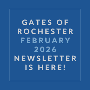 A blue square with white text announcing the Gates of Rochester February 2026 newsletter.