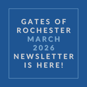 A blue square with white text announcing the Gates of Rochester March 2026 Newsletter.