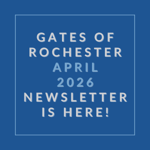 A blue square with white text announcing the Gates of Rochester April 2026 newsletter.