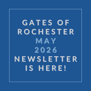 A blue square with white text announcing the Gates of Rochester May 2026 newsletter.