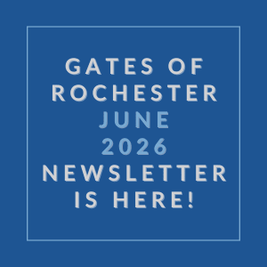 A blue square with white text announcing the Gates of Rochester June 2026 newsletter.