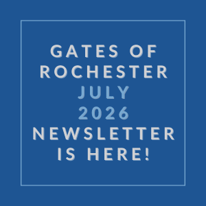 A blue square with white text announcing the Gates of Rochester July 2026 newsletter.