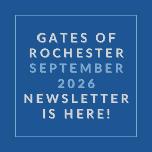 A blue square with white text announcing the Gates of Rochester September 2026 newsletter.