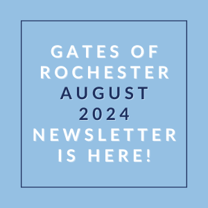 a blue background with the words gates of rochester august 23 newspaper is here