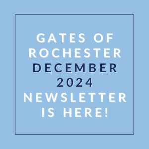 A blue square with text announcing the Gates of Rochester December 2024 newsletter.