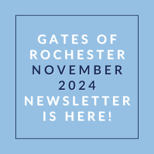 a blue background with the words gates november 2024 is here