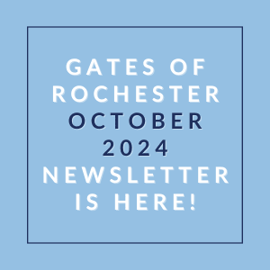 a blue background with the words gates october 2024 newsletter is here